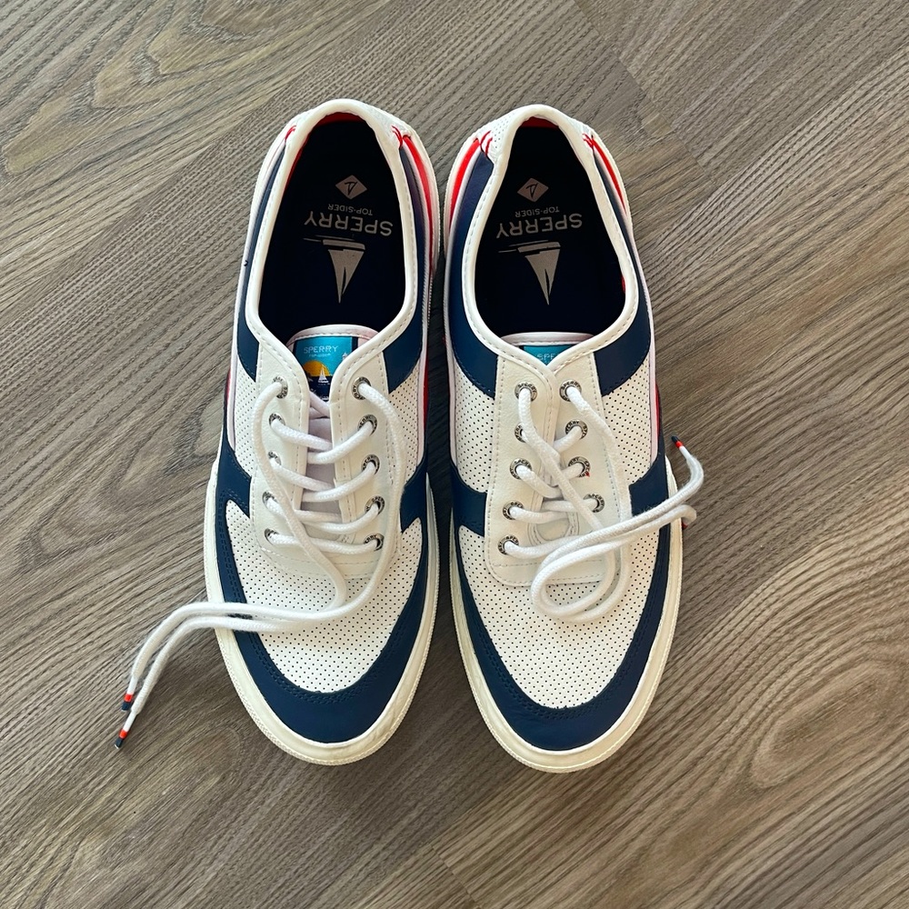 Red white and blue Sperrys